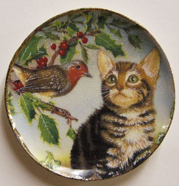 Dollhouse Miniature Cat With Bird Platter